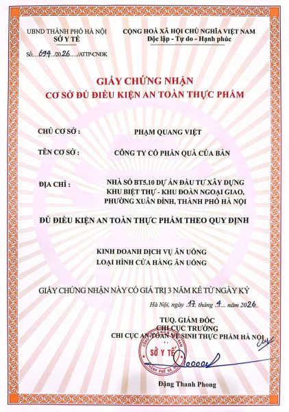 Chứng Nhận Vệ Sinh An Toàn Thực Phẩm 1 vsattp